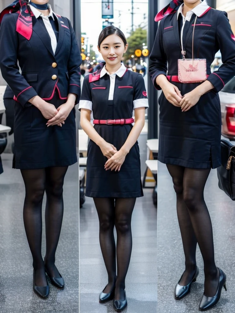 masterpiece, best quality, 1 girl, solo, 20 years old, (flat chest:1.3),skinny, Perfect Face, beautiful, extremely long hair, jal uniform, church, black pantyhose, pink lace panty, panties under pantyhose, japanese, (skirt lift:1.1), (show off panties:1.1), embarrassed,  sit on a bench, full body,looking through legs　