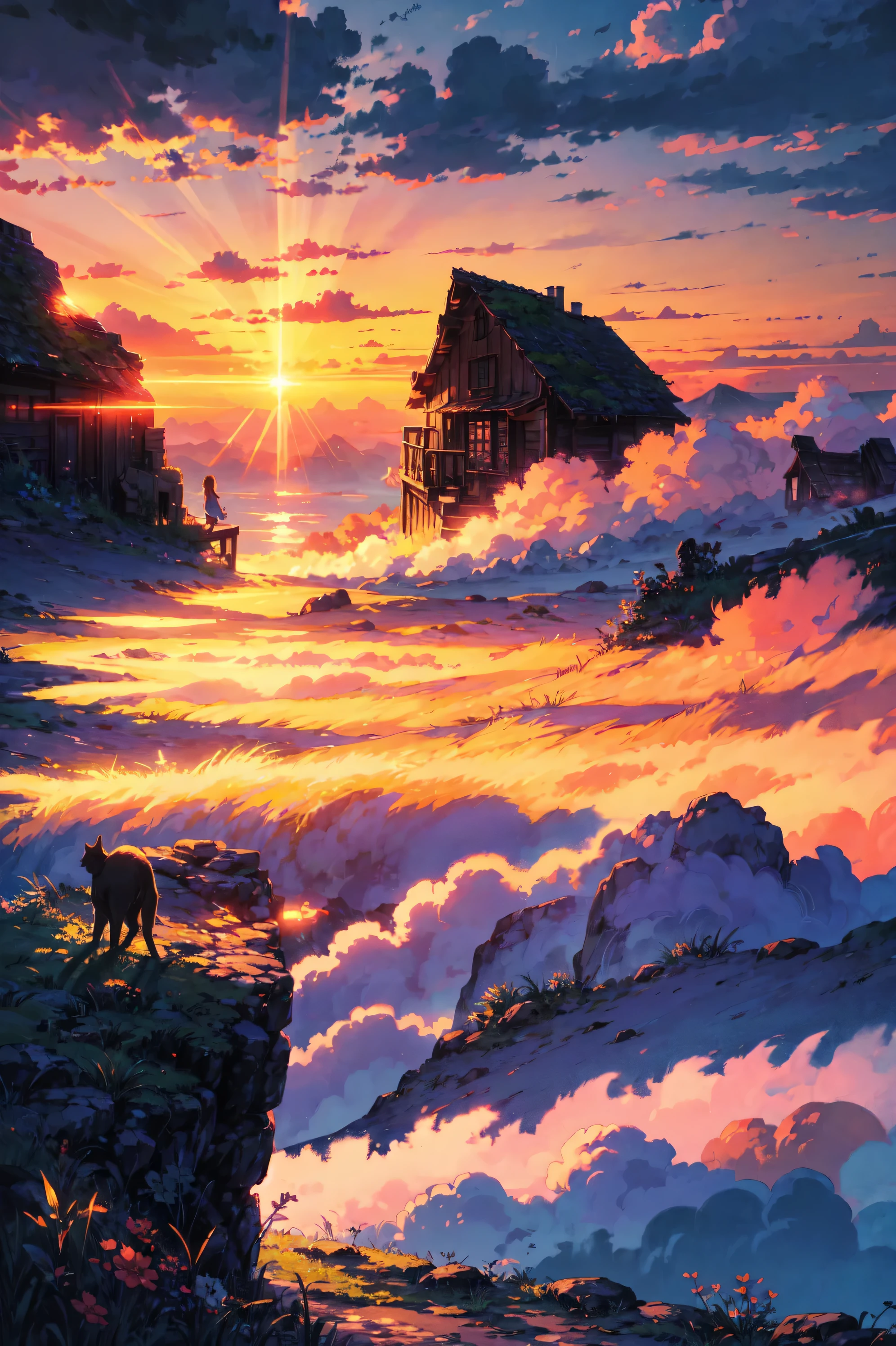 "A mesmerizing sunset scene with a girl mesmerized by the majestic golden rays of sunlight and clouds, creating an awe-inspiring and vivid color palette. Masterpiece."