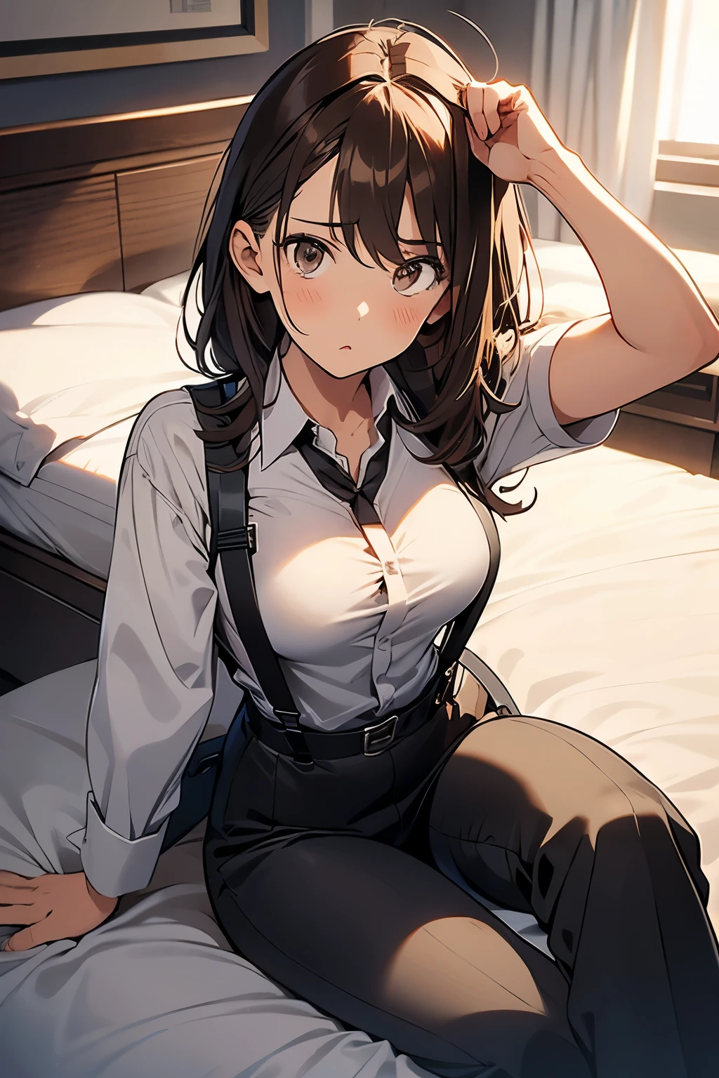 Brown Hair、Staring at the audience Black suspenders bulging big breasts wall: Black pantsuit sight Small face holster Beautiful woman Show your hand Lying in bed sight Taunt side side汗 arm Dress shirt Black Suit belt