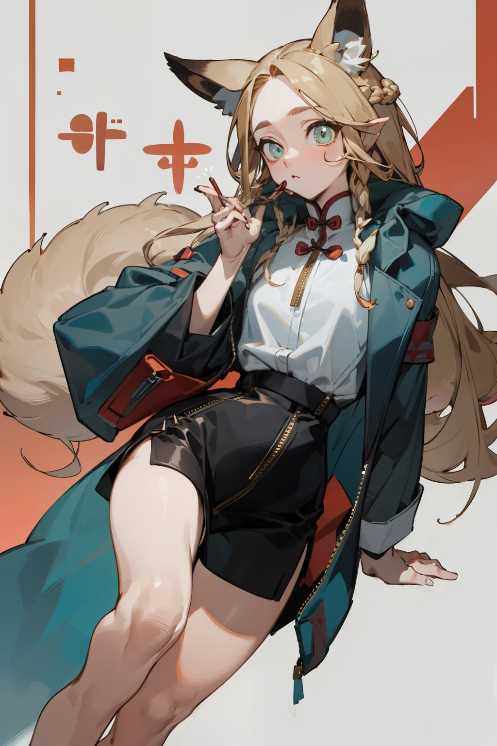 (masterpiece, best quality) detailed, Wearing black long coat, Cyan accessories , The zipper is not closed , Brunette ,Intellectual, (Fox ears),Red Eyeshadow, ,whole body,Chinese element pattern,thigh,漏出thigh,White shirt,designer touch。