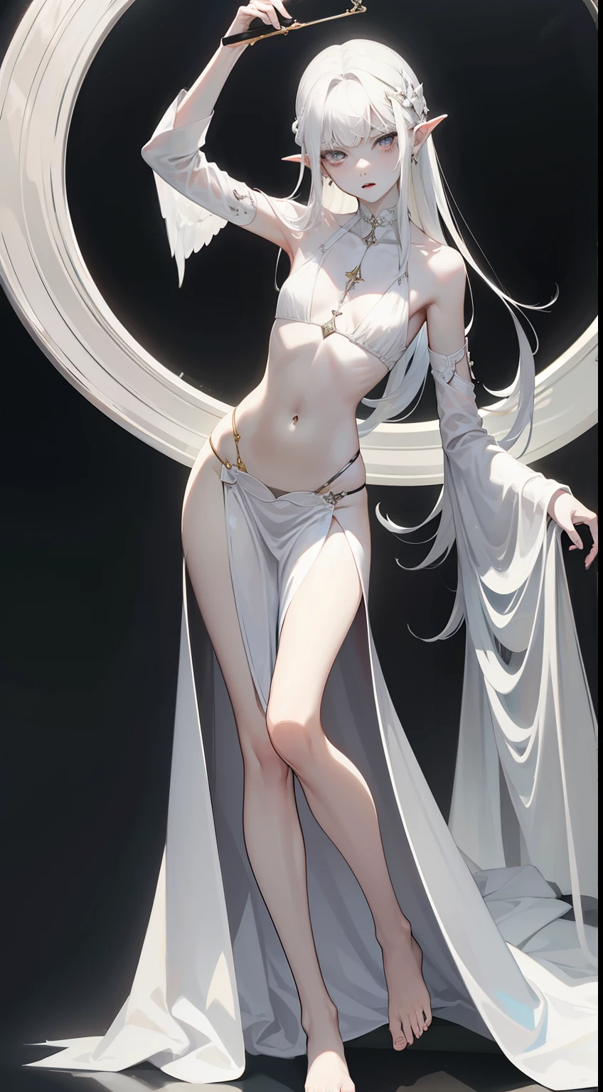 ((best quality)), ((masterpiece)), (detailed), perfect face, Character design, female, long black hair, wearing a white angelic dress with black silver details, grey white eyes, small frame, very skinny, detailed, best quality, no accesoires around the neck, no shoes, prominent collarbones, skinny arms, flat stomach, visible hip bones, full body, fangs, pale skin, angelic