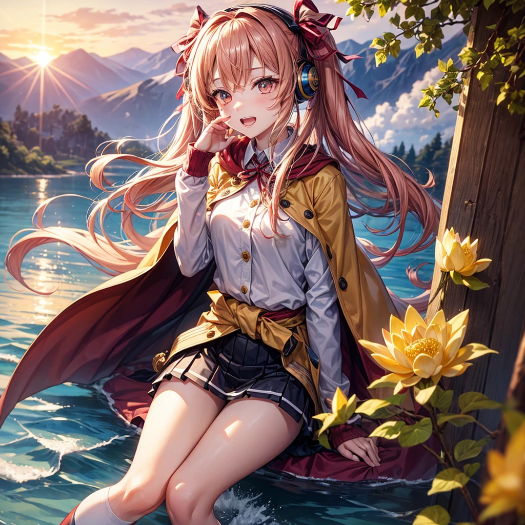 Pink gold golden hair、Golden Eyes、One good looking girl、Twin tails、solo、anime、Checkered mini skirt、The skirt has buttons、Red T-shirt、Cape、Gothic、Black knee-high socks、Wearing headphones、Wearing a ribbon、Ribbon on waist、Tilting face、Teeth are visible、Sunset sky、Water Mountain、Piercing the clouds、Contrail、lens、tree、Touching your face、lotus leaves、Cumulonimbus
