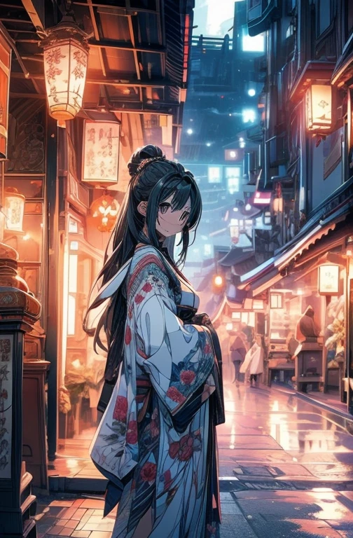 (masterpiece)、(top-quality)、girl with、Listening to music on the veranda of the apartment Night sky outside Japan、Sateen、Anime cartoon style、 By Shinkai Makoto