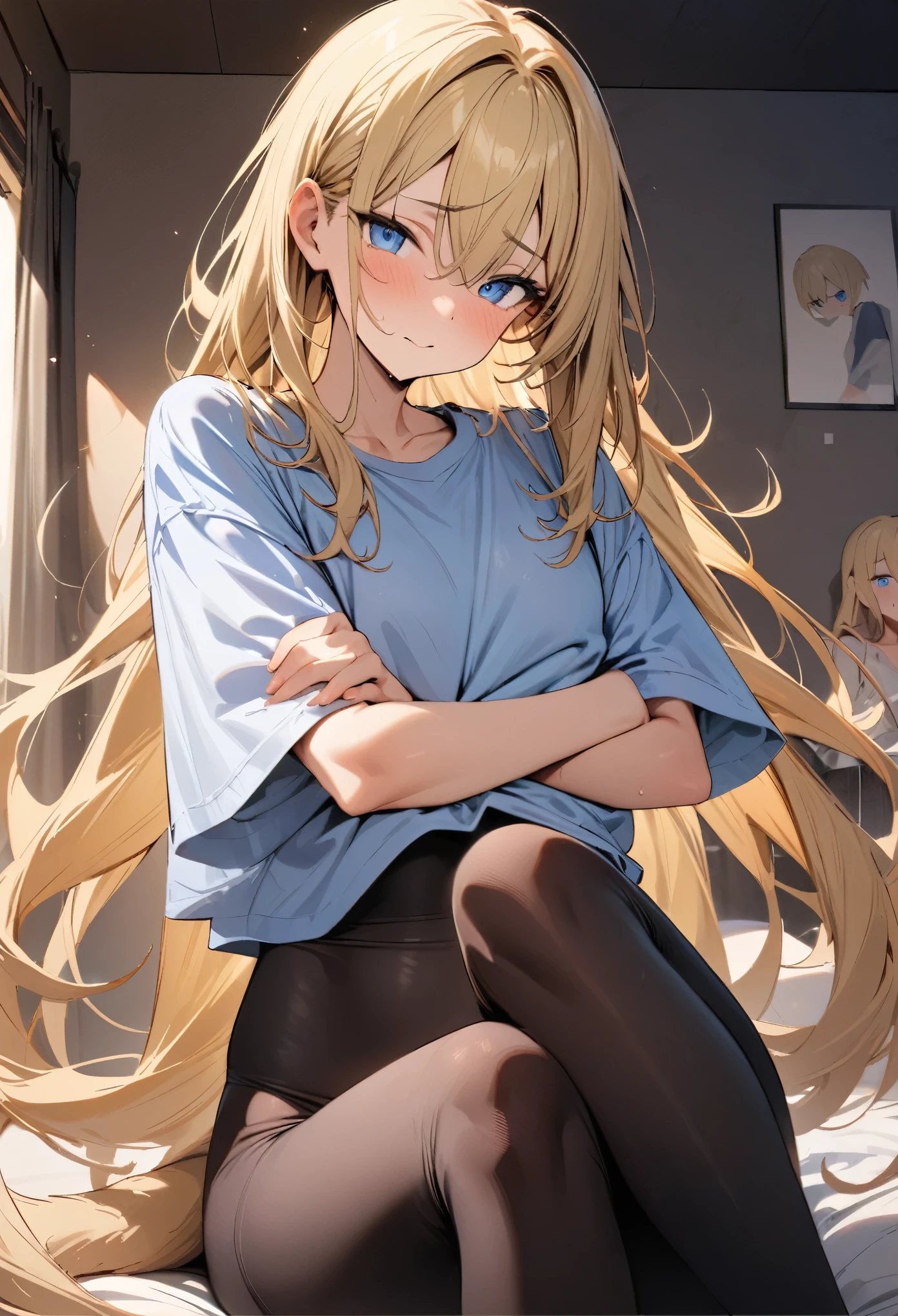 (masterpiece), best quality, expressive eyes, Perfect face, Proud, Young Girls, blue eyes, Blonde, Very long hair, Double tail, Oversized cropped top, Oversized clothes, black leggings, in spandex, Cross your legs, Cross your arms, Bedroom Background,