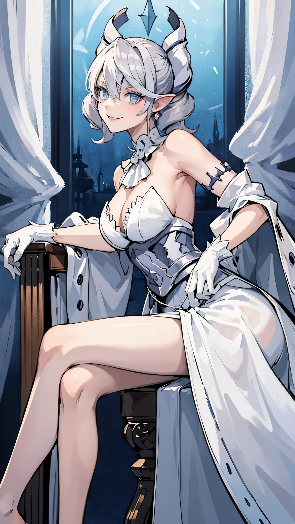 Throne sofa High level image quality best image quality 8K adult woman whole body view portrait pure white long gloves(elbow gloves) white long dress(slit) white wolf ears short hair((shortcut)(gray hair)(perm)(fluffy)) eye color is blue attractive evil face , face detail , smile , sexy pose , labrynth , erotic standing styles , view all body from side back , face focus , view legs lifted , view barefoot arc