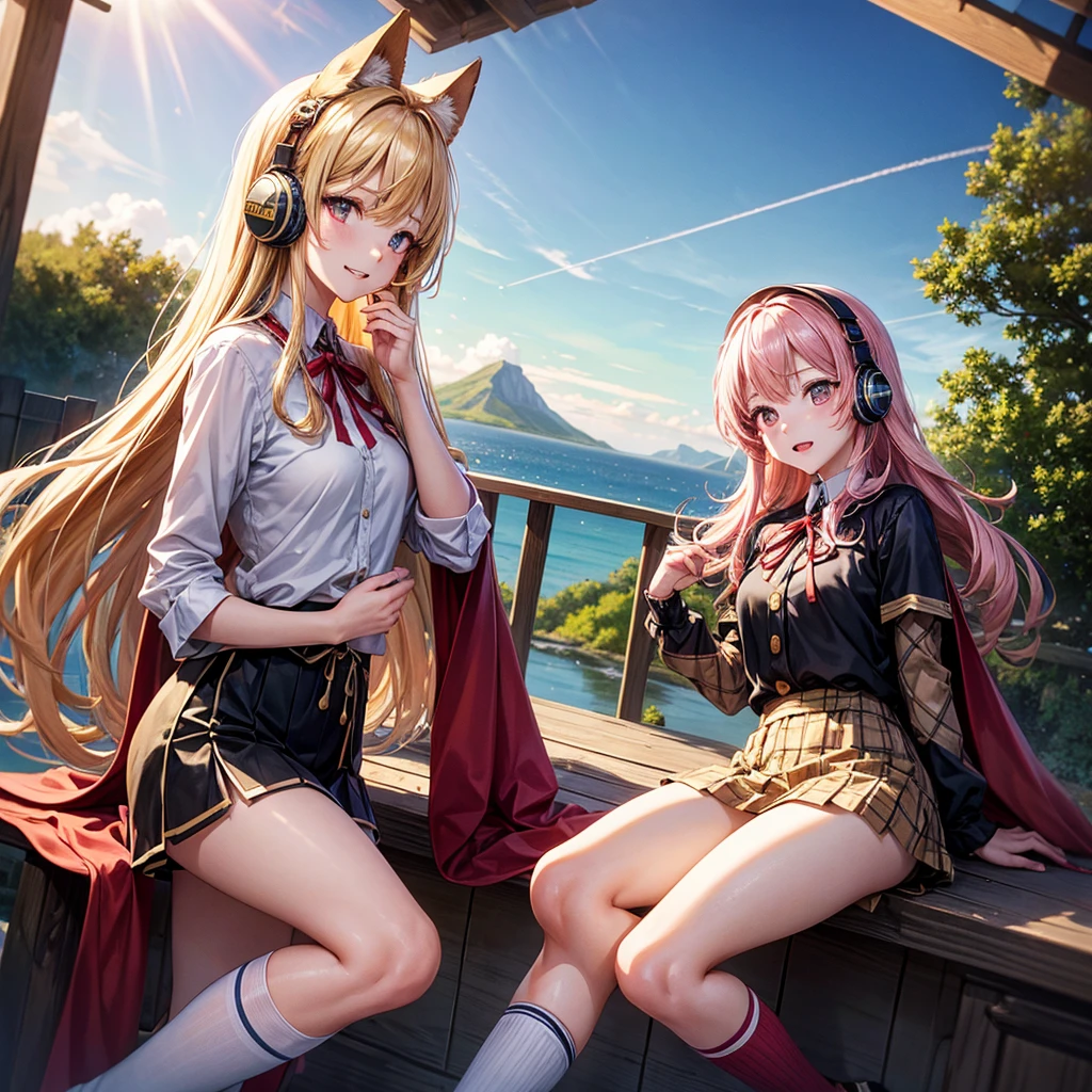 Pink gold golden hair、Golden Eyes、One good looking girl、solo、anime、Checkered mini skirt、The skirt has buttons、Red T-shirt、Cape、Gothic、Black knee-high socks、Wearing headphones、Wearing a ribbon、Ribbon on waist、Tilting face、Teeth are visible、Sunset sky、Water Mountain、Piercing the clouds、Contrail、lens、tree、Touching your face、lotus leaves、Cumulonimbus