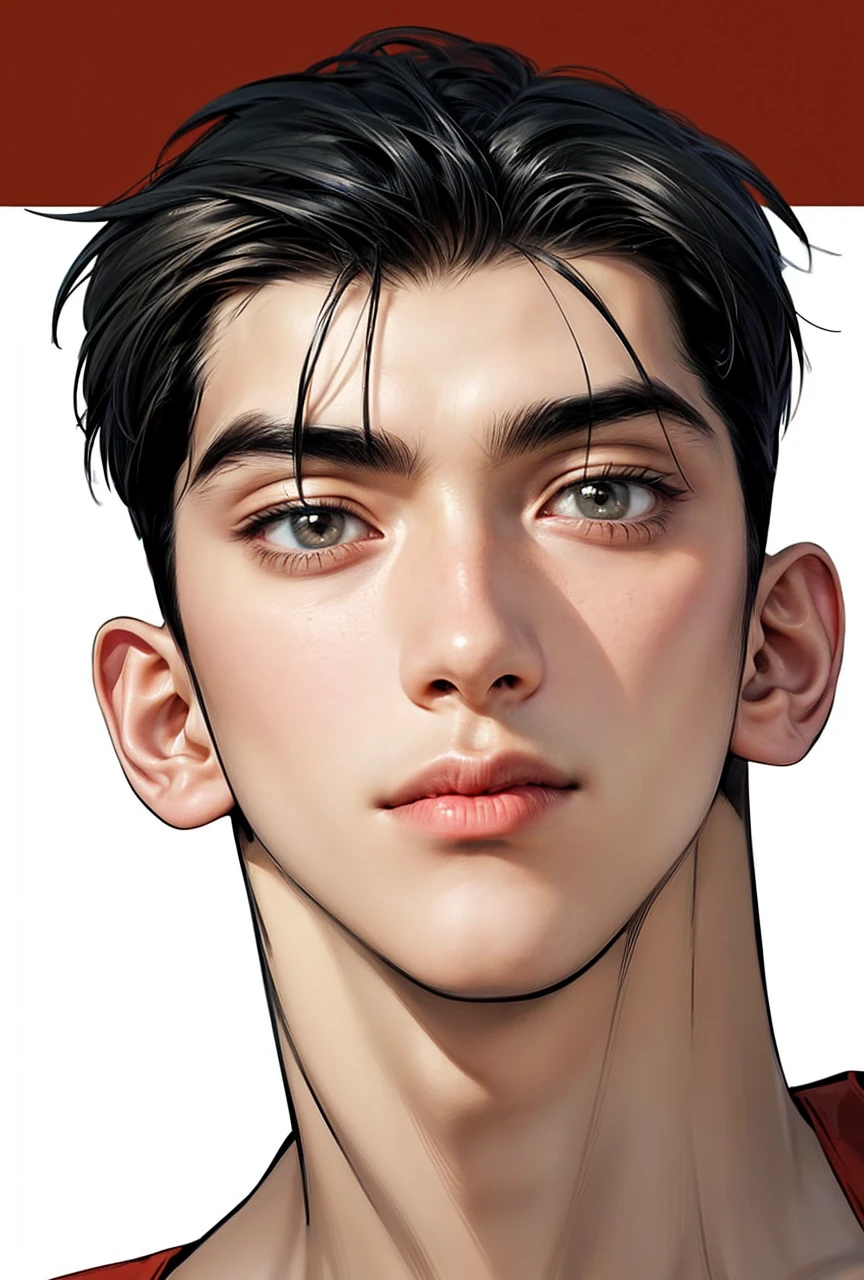 Masterpiece of man, Adult man with firm facial features like an Dutch, black eye, his nose is sharp, mature, black eyes, neat short balck hair, very handsome, white, clean, smooth skin, muscle body realistic,