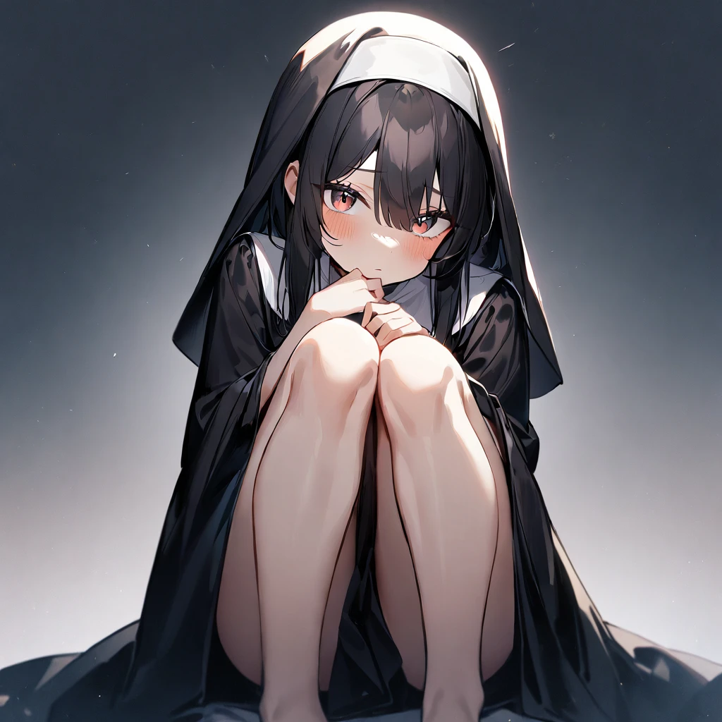 1girl,habit,shy,short_hair_with_long_locks,looking at viewer,together,black hair,Slit pupil,High lightness,best quality, very aesthetic,absurdres,hair,highlights,androgynous,knees up