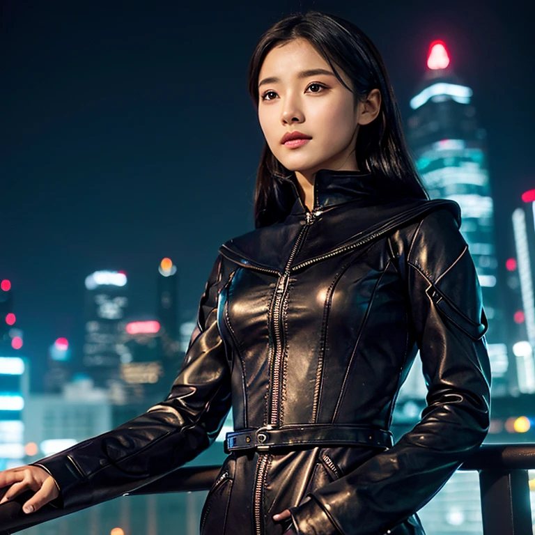 There was a woman in a dark red leather suit.,) Outdoors, at night, the light is warm.,) 8k Photos, Shot with a high quality Fuji 45 camera.,000,000 pixels, open aperture, warm light,) in black dress, Wear tight clothing., Photo of a woman using technology, Wear technology suits and armor., cybersuits, in black military uniform, cyberpunk outfit, Wear tight black clothing., Cute girl wearing a tank dress, iu lee ji-eun in the role of supervillain, oppai cyberpunk, Female Spy