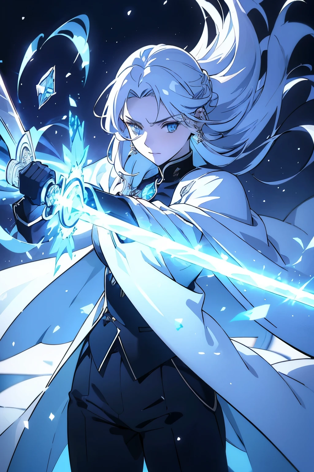 a woman, young, 19 years old, swordsman, long white hair, skin as white as snow, cold gaze, blue eyes like crystal, black sweater, black pants, cape, a crystal sword, earring in her ear, background with blue lights.