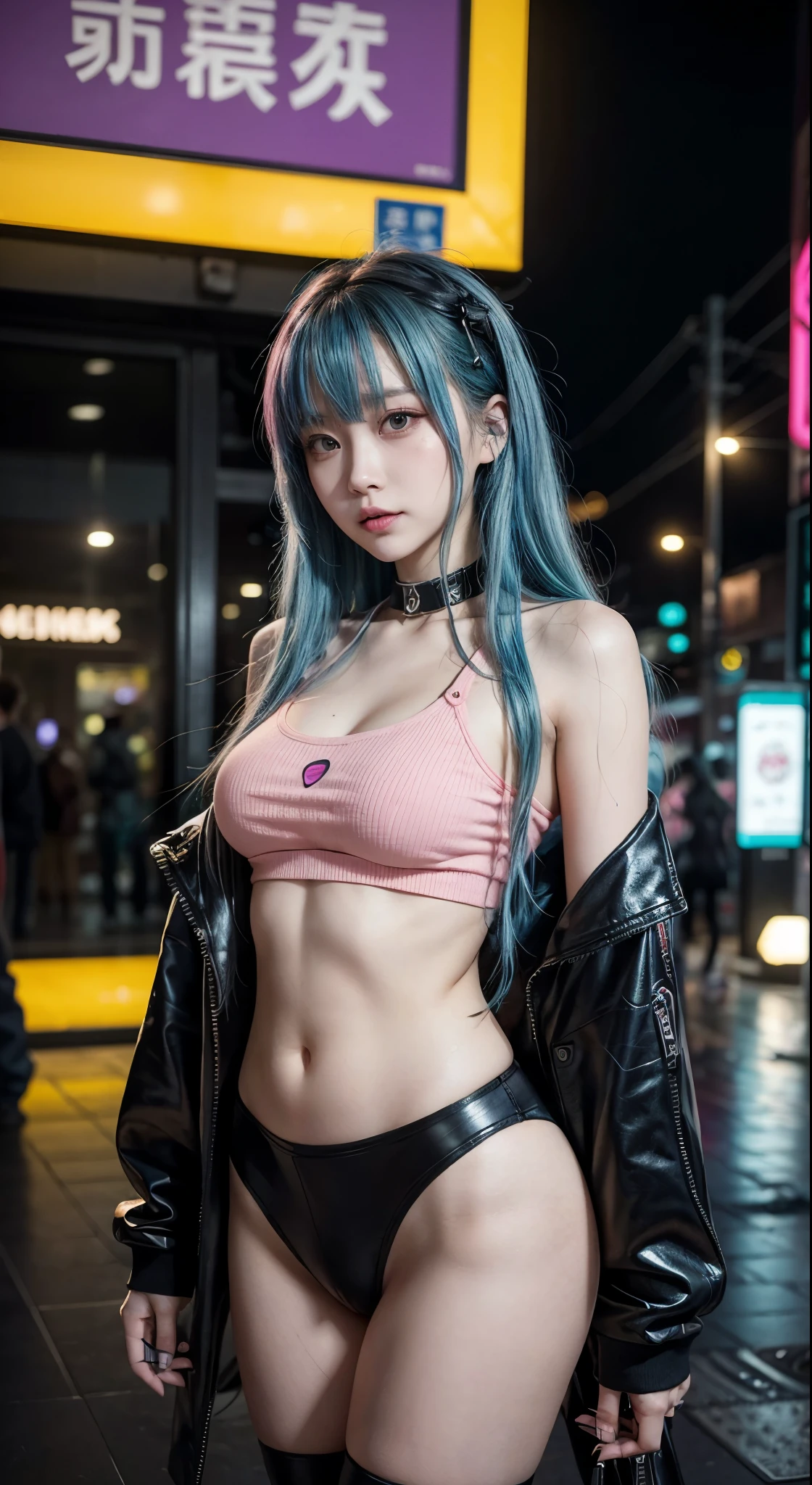 there is a woman with a blue hair and a pink top, anime girl cosplay, inspired by Leng Mei, photo of slim girl model, anime girl in real life, seductive anime girl, cyberpunk 2 0 y. o model girl, chinese girl, female cyberpunk anime girl, photo of slim girl, beautiful cyberpunk woman model, anime cosplay, cosplay photo, cosplay