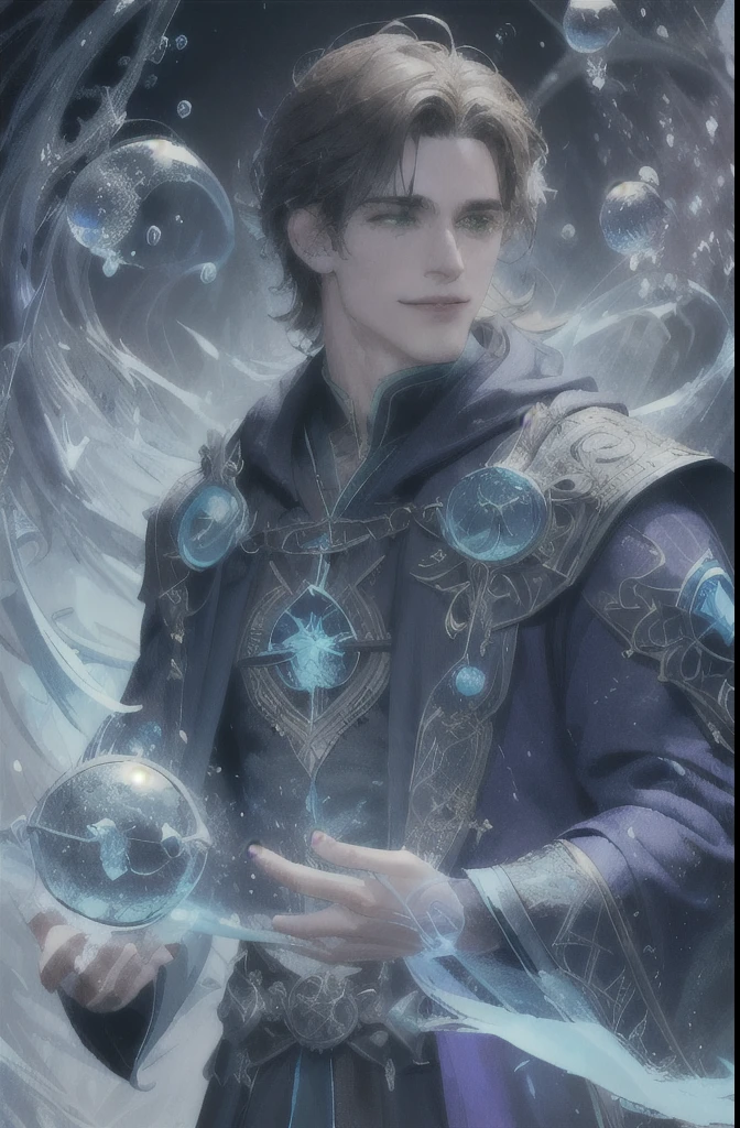 (Absurdres, Intricate Details, Masterpiece, Best Quality, High Resolution, 8k), (1man), (male:1.2), old, aged up, masked face, chiseled jawline, finely detailed eyes and face, thin body, physique exudes strength and power, sienna skin, finely detail eyes and face, auburn side part hair, green eyes, , grateful, (style-swirlmagic:0.8), solo, half shot, looking at viewer, detailed background, detailed face, (GlowingRunesAI_paleblue, glowing runes theme:1.1), bubble-mage, smiling, walking, Lilac sorcerer robes, surrounded by bubbles, floating orbs, large bubbles, wisps of magic, vortex, floating particles, transclucent, radiant, bubbles in background, intricate patterns, fog, jovial magical atmosphere,, exact, Depth of Field, VFX, Realistic,