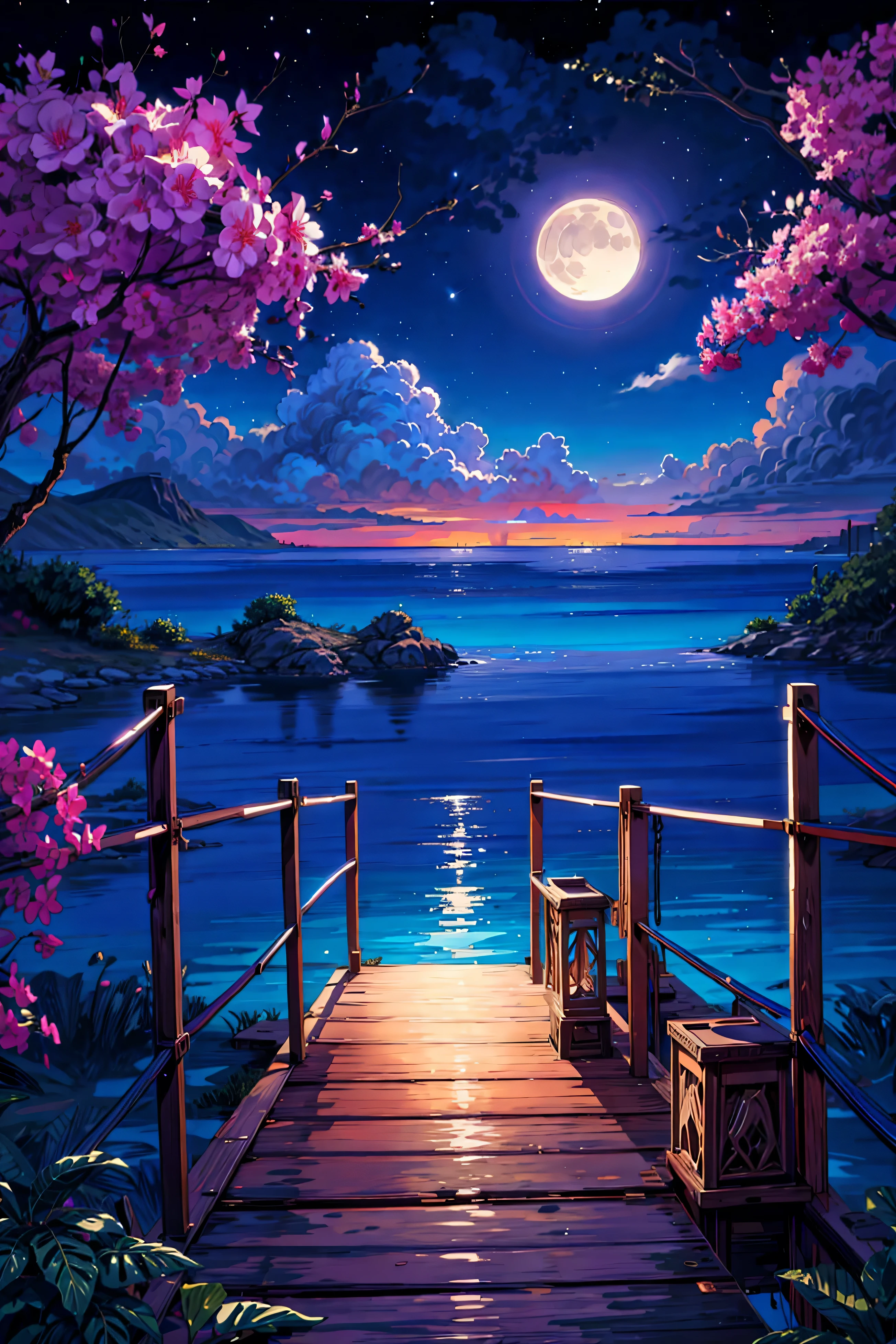painting of a neon moonlight,Dock area, Bougainville décor , 4K HD, moonlight, cloud,Ocean, moonlight reflection,Beautiful Art UHD 4K, Beautiful artwork illustration, Beautiful digital painting, Highly detailed digital painting, Beautiful digital art, Detailed painting 4k, Highly detailed digital painting, Rich, picturesque colors, Gorgeous digital painting
