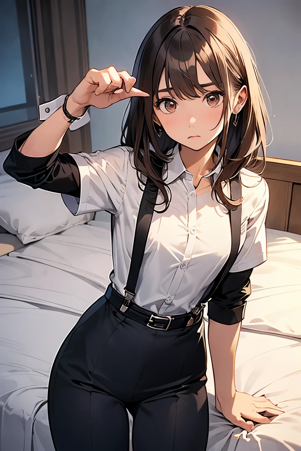 Brown Hair、Staring at the audience　　　Black suspenders　　　bulging big breasts　　 　 　　　wall: 　Black pantsuit　　　　　　sight　　　Small face　 　　　holster　　　Beautiful woman　　Show your hand　　 Lying in bed　　sight 　　Taunt　side　side汗 　arm　Dress shirt　Black Suit　belt