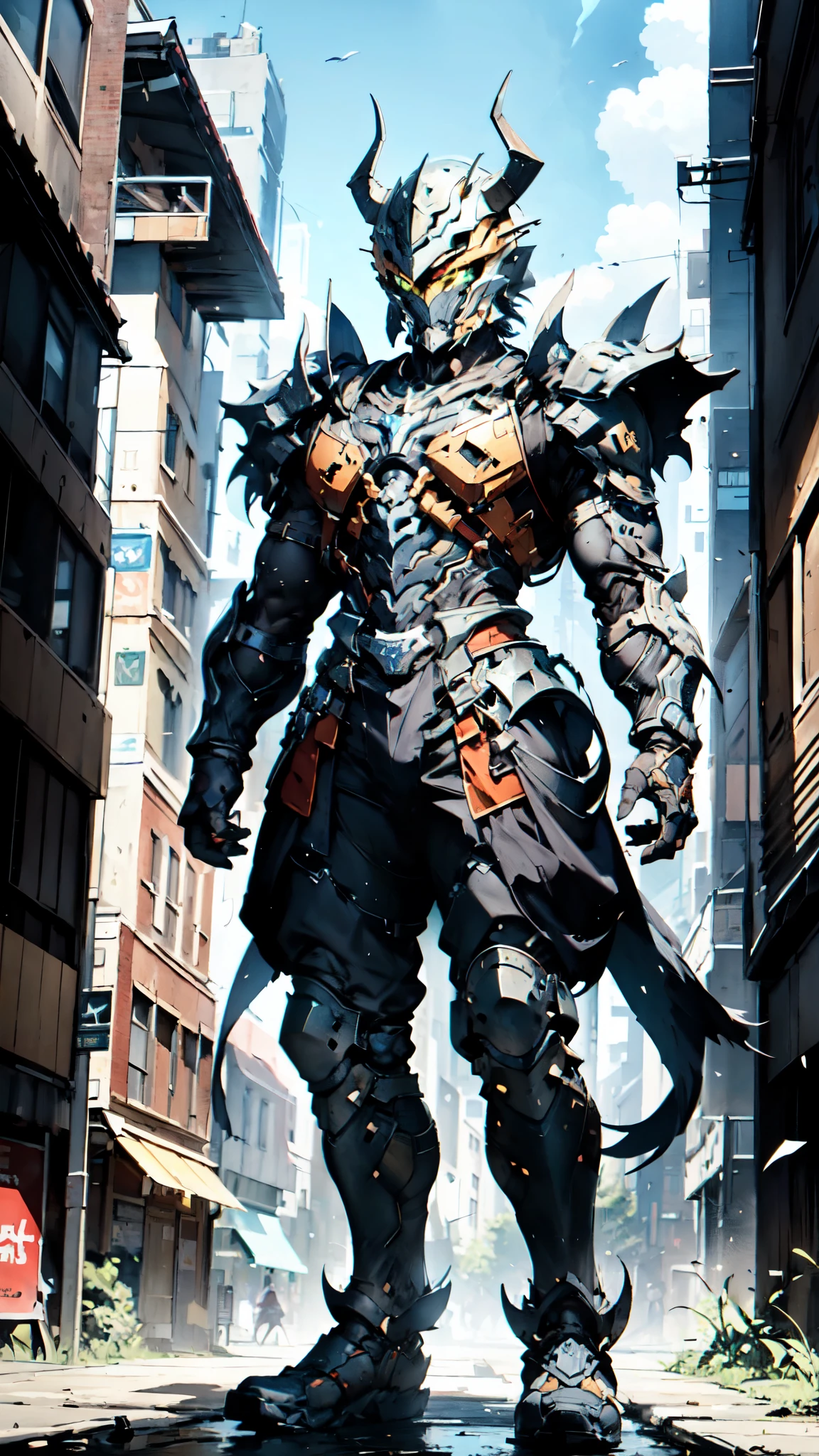 A man wearing a full-face helmet, a fantasy-style biotech armored combat suit, green eyes, (a composite layered chest armor), fully enclosed shoulder guards, matching arm and leg guards, the belt is adorned with 666 mark, (the color scheme is primarily red with yellow and white accents), the design balances heavy with agility, a high-tech bio-mecha armor, (Armor Concept Inspired by Demon, stand on the top of a skyscraper in a futuristic sci-fi city), this character embodies a finely crafted fantasy-surreal style armored hero in anime style, exquisite and mature manga art style, (battle damage, element, plasma, energy, the armor glows), ((male:1.5)), metallic, real texture material, dramatic, high definition, best quality, highres, ultra-detailed, ultra-fine painting, extremely delicate, professional, perfect body proportions, golden ratio, anatomically correct, symmetrical face, extremely detailed eyes and face, high quality eyes, creativity, RAW photo, UHD, 32k, Natural light, cinematic lighting, masterpiece-anatomy-perfect, masterpiece:1.5