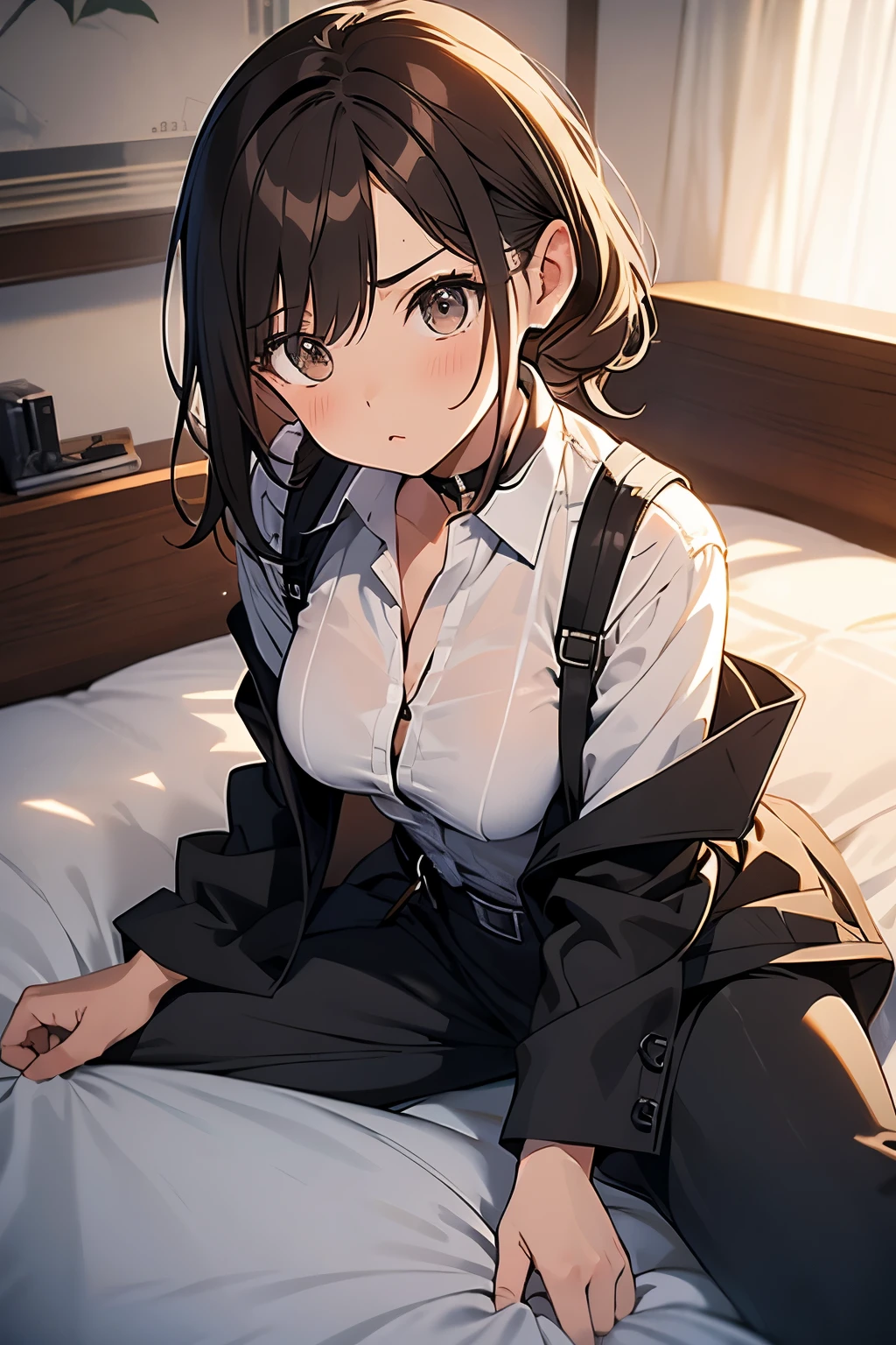 Brown Hair、Staring at the audience Black suspenders bulging big breasts wall: Black pantsuit sight Small face holster Beautiful woman Show your hand Lying in bed sight Taunt side side汗 arm Dress shirt Black Suit belt