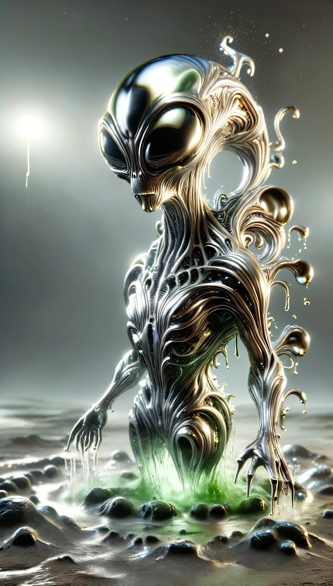 photorealistic full body shot of alien made of metal liquid, dynamic action pose:1.5, splashing metal liquid explains energy and passion, dripping metal liquid explains creepy and horror, wind effect,