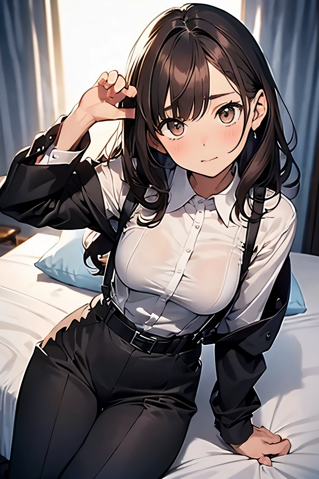 Brown Hair、Staring at the audience Black suspenders bulging big breasts wall: Black pantsuit sight Small face holster Beautiful woman Show your hand Lying in bed sight Taunt side side汗 arm Dress shirt Black Suit belt
