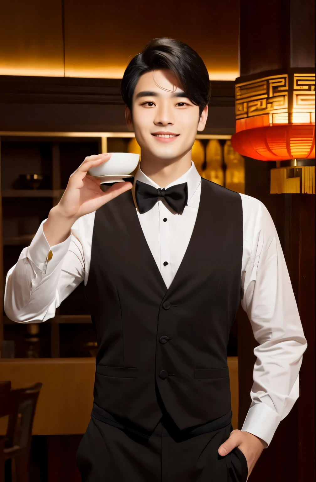 A male waiter，Brown top，black hair，Realistic photos，Chinese face