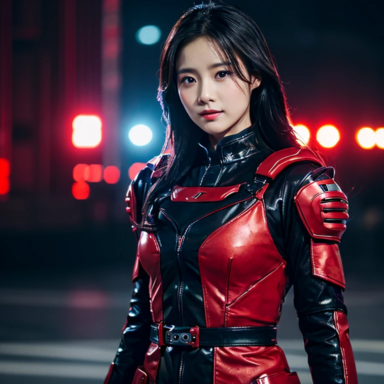 There was a woman dressed in dark red and black leather.,) Outdoors, at night, the light is warm.,) 8k Photos, Shot with a high quality Fuji 45 camera.,000,000 pixels, open aperture, warm light,) In a red and black outfit, Wear tight clothing., Photo of a woman using technology, Wear technology suits and armor., cybersuits, in red and black military uniform, cyberpunk outfit, Wear tight black clothing., Cute girl wearing a tank dress, iu lee ji-eun in the role of supervillain, oppai cyberpunk, Female Spy