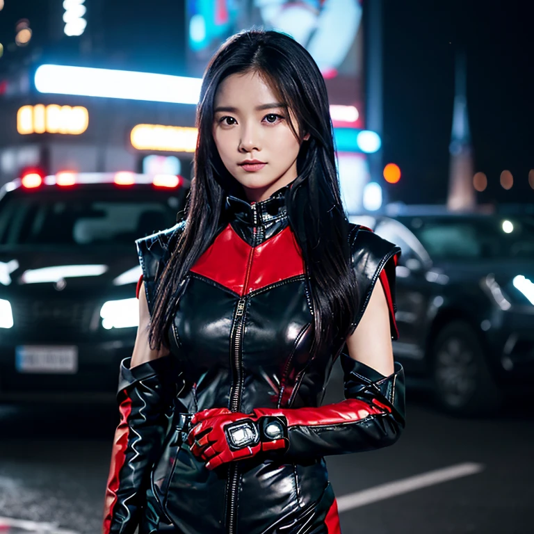 There was a woman dressed in dark red and black leather.,) Outdoors, at night, the light is warm.,) 8k Photos, Shot with a high quality Fuji 45 camera.,000,000 pixels, open aperture, warm light,) In a red and black outfit, Wear tight clothing., Photo of a woman using technology, Wear technology suits and armor., cybersuits, in red and black military uniform, cyberpunk outfit, Wear tight black clothing., Cute girl wearing a tank dress, iu lee ji-eun in the role of supervillain, oppai cyberpunk, Female Spy