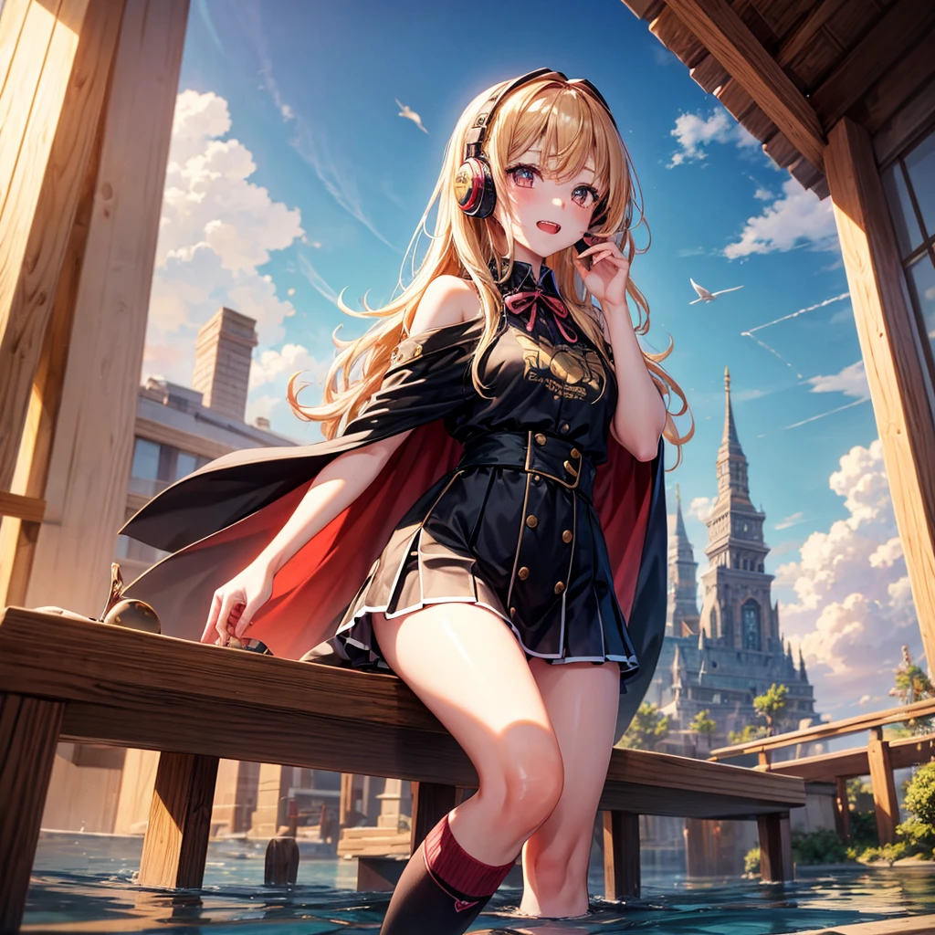 Pink gold golden hair、Golden Eyes、One good looking girl、solo、anime、Checkered mini skirt、The skirt has buttons、Red T-shirt、Cape、Gothic、Black knee-high socks、Wearing headphones、Wearing a ribbon、Ribbon on waist、Tilting face、Teeth are visible、Sunset sky、Water Mountain、Piercing the clouds、Contrail、lens、tree、Touching your face、lotus leaves、Cumulonimbus