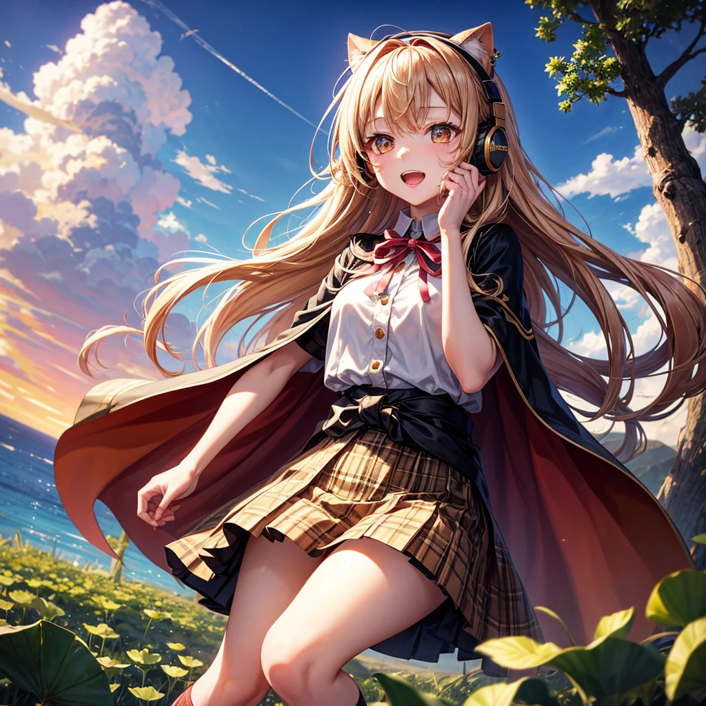 Pink gold golden hair、Golden Eyes、One good looking girl、solo、anime、Checkered mini skirt、The skirt has buttons、Red T-shirt、Cape、Gothic、Black knee-high socks、Wearing headphones、Wearing a ribbon、Ribbon on waist、Tilting face、Teeth are visible、Sunset sky、Water Mountain、Piercing the clouds、Contrail、lens、tree、Touching your face、lotus leaves、Cumulonimbus
