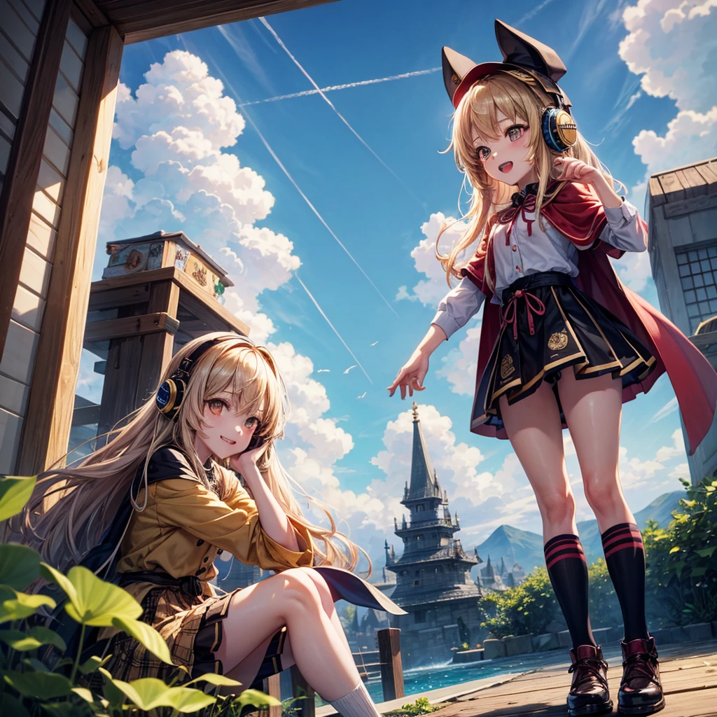Pink gold golden hair、Golden Eyes、One good looking girl、solo、anime、Checkered mini skirt、The skirt has buttons、Red T-shirt、Cape、Gothic、Black knee-high socks、Wearing headphones、Wearing a ribbon、Ribbon on waist、Tilting face、Teeth are visible、Sunset sky、Water Mountain、Piercing the clouds、Contrail、lens、tree、Touching your face、lotus leaves、Cumulonimbus