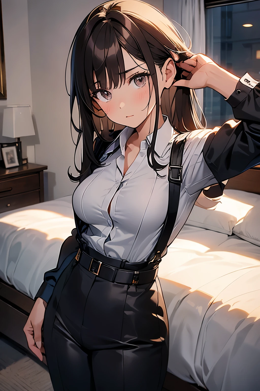 Brown Hair、Staring at the audience Black suspenders bulging big breasts wall: Black pantsuit sight Small face holster Beautiful woman Show your hand Lying in bed sight Taunt side side汗 arm Dress shirt Black Suit belt