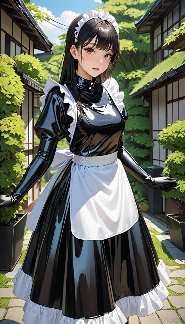 ２５Old young Japanese woman、(Beautiful Face)、(Black latex maid outfit)、Black latex long skirt、Black latex long sleeve shirt、Long gloves in black latex、black latex tights、White waist-length apron、Latex has a very strong shine、Outdoor