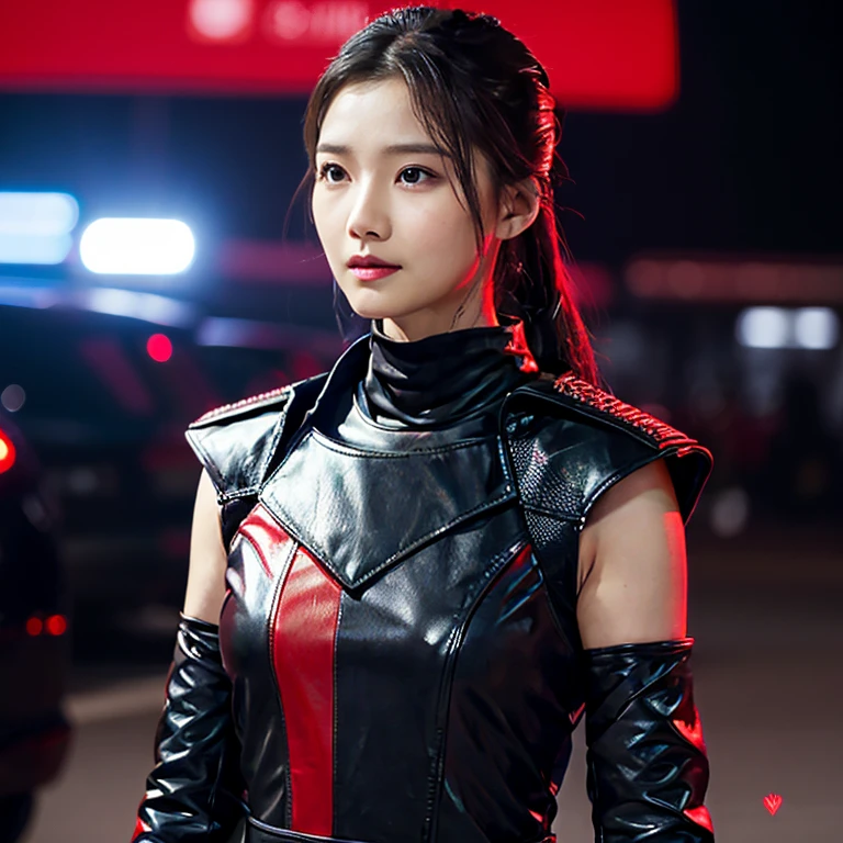 There was a woman dressed in dark red and black leather.,) Outdoors, at night, the light is warm.,) 8k Photos, Shot with a high quality Fuji 45 camera.,000,000 pixels, open aperture, warm light,) In a red and black outfit, Wear tight clothing., Photo of a woman using technology, Wear technology suits and armor., cybersuits, in red and black military uniform, cyberpunk outfit, Wear tight red and black clothes., Cute girl wearing a tank dress, iu lee ji-eun in the role of supervillain, oppai cyberpunk, Female Spy