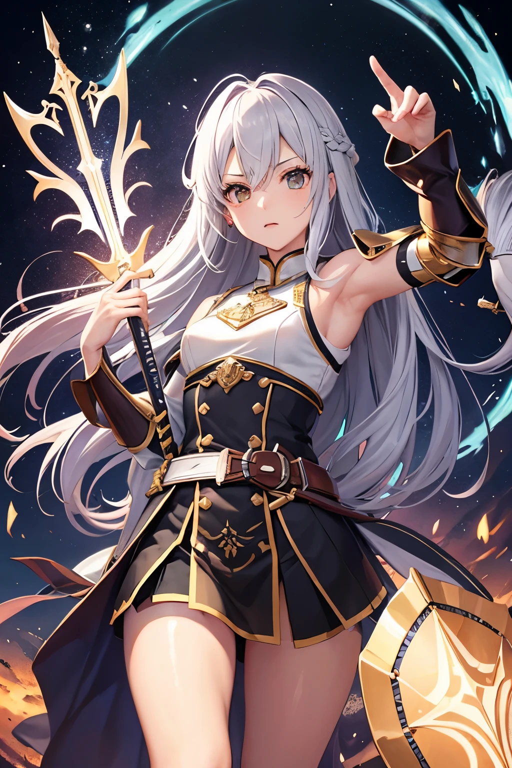 (((highest quality、first-clasasterpiece、Normal body、8k、Detailed face、Ultra-precision、Normal hand、Normal finger、5Finger、)))Brightly colored hair、Rainbow black silver hair、Small breasts、Flexible body、Brave、Braveの剣、Braveの鎧、Braveの兜、伝Braveの盾、伝説のBrave、Legendary Sword、Legendary Shield、Legendary armor、legendary helmet、光のBrave、Sword of Light、Shield of Light、Armor of Light、Helmet of Light、聖なるBrave、Holy Sword、Sacred Armor、Sacred Helmet、Sacred Shield、Swinging a Sword、The Great Magic of Light and Darkness