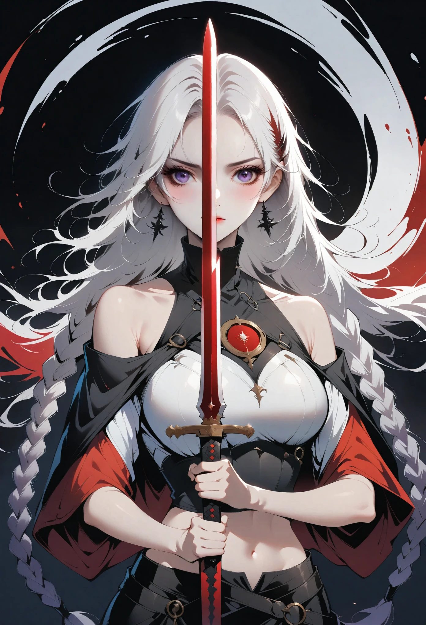 Half-length portrait,Girl with sword,simple lines minimalism,Abstract Art,Holding a red long sword,White long hair,Purple-twin-long-braids,High Neck Off Shoulder Cropped Short Sleeve Top,Skirt-Slit,Holding a long sword.A mysterious man in a cloak behind