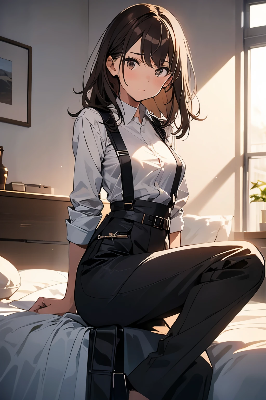 Brown Hair、Staring at the audience　　　Black suspenders　　　bulging big breasts　　 　 　　　wall: 　Black pantsuit　　　　　　sight　　　Small face　 　　　holster　　　Beautiful woman　　Show your hand　　 Lying in bed　　sight 　　Taunt　side　side汗 　arm　Dress shirt　Black Suit　belt