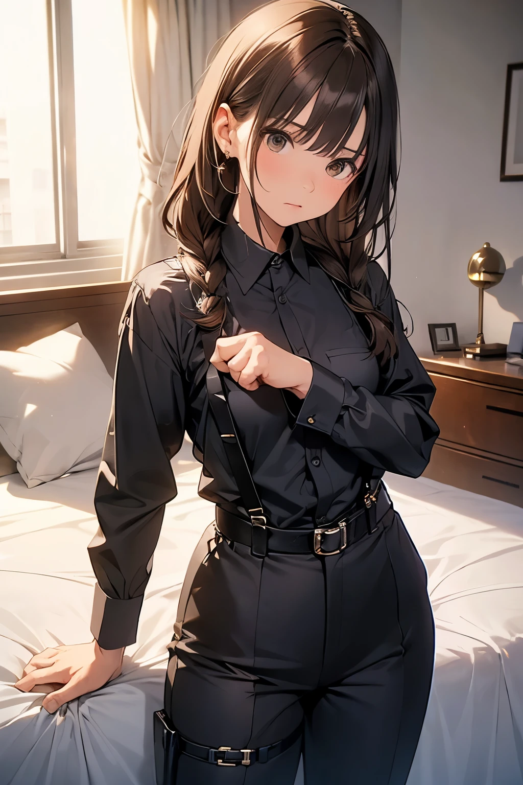 Brown Hair、Staring at the audience Black suspenders bulging big breasts wall: Black pantsuit sight Small face holster Beautiful woman Show your hand Lying in bed sight Taunt side side汗 arm Dress shirt Black Suit belt