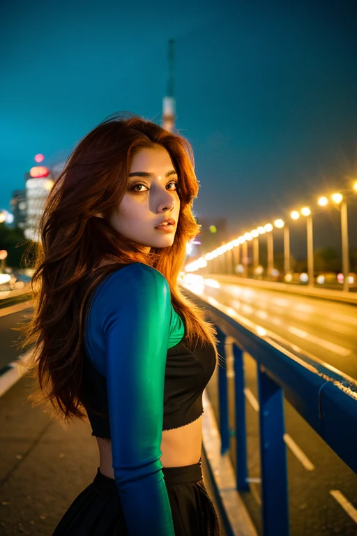 In the haunting light of a 21st century metropolis, a 20-year-old woman, her hair shimmering in auburn tones, poised on the edge of a bridge, her expressive eyes, an arresting blend of green and blue, reflecting an overwhelming fear, feathering of fearsome wounds adorning her face yet a readiness in her posture that speaks of her resolve to make a desperate leap, menacing
