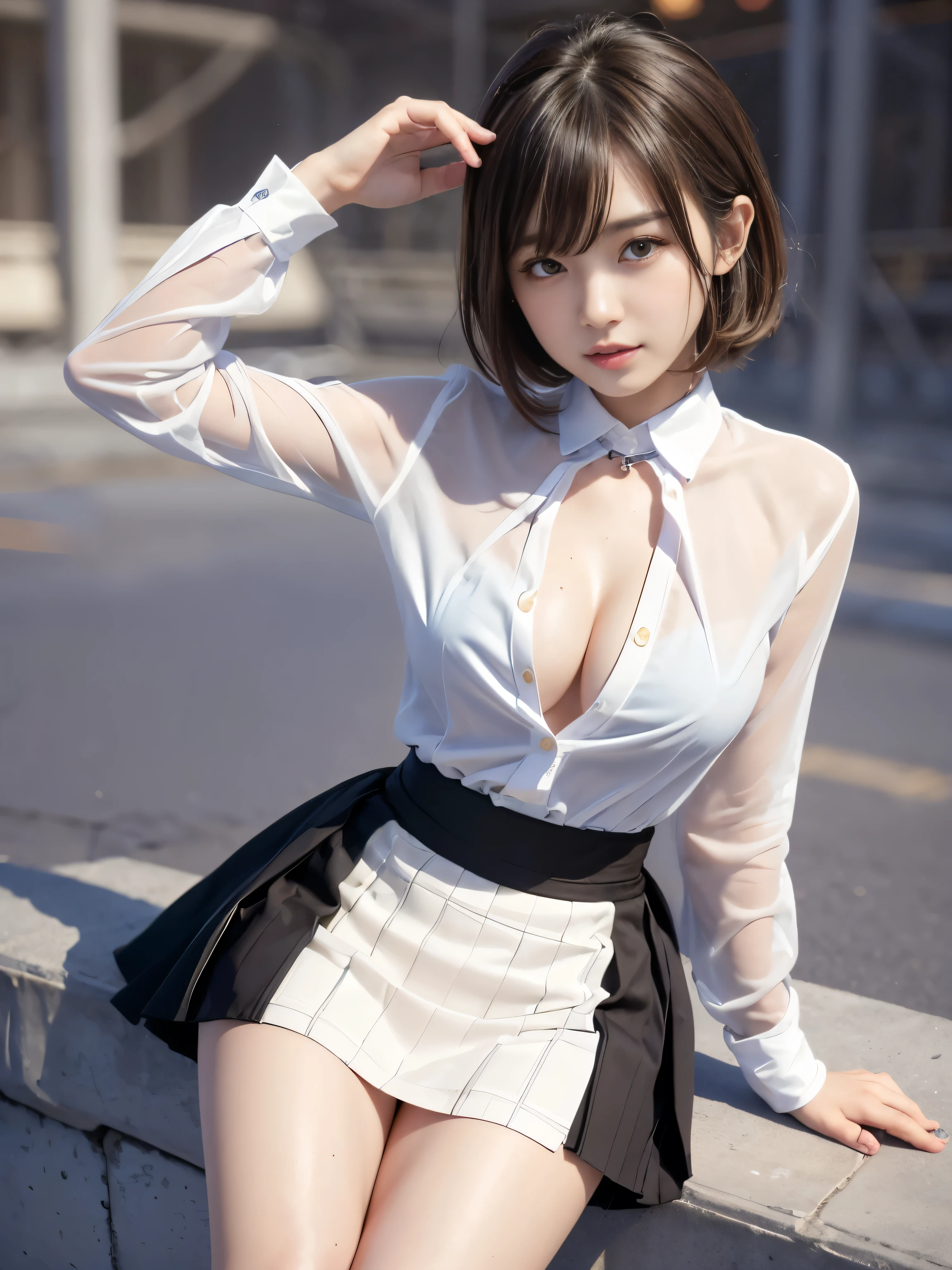 ultra highres,(reality: 1.4),highest quality, masterpiece, high detail, 16K quality, beautiful, 1 beautiful girl,japanese,super beautiful face,baby face,japanese idol face,cute face,super detailed face,detailed hand,beautiful skin,sweaty skin,big eyes,smile,profeccional lighting,short hair, black hair,brown beautiful eyes, white shirt,open shirt,bare breasts,checked skirt,(skirt lift),sittinng with knee up,(((show off pussy))),detailed pussy,(spread legs),medium breasts,black high socks,she is looking at the camera,skyscraper looftop,blue sky,nsfw,from below,
