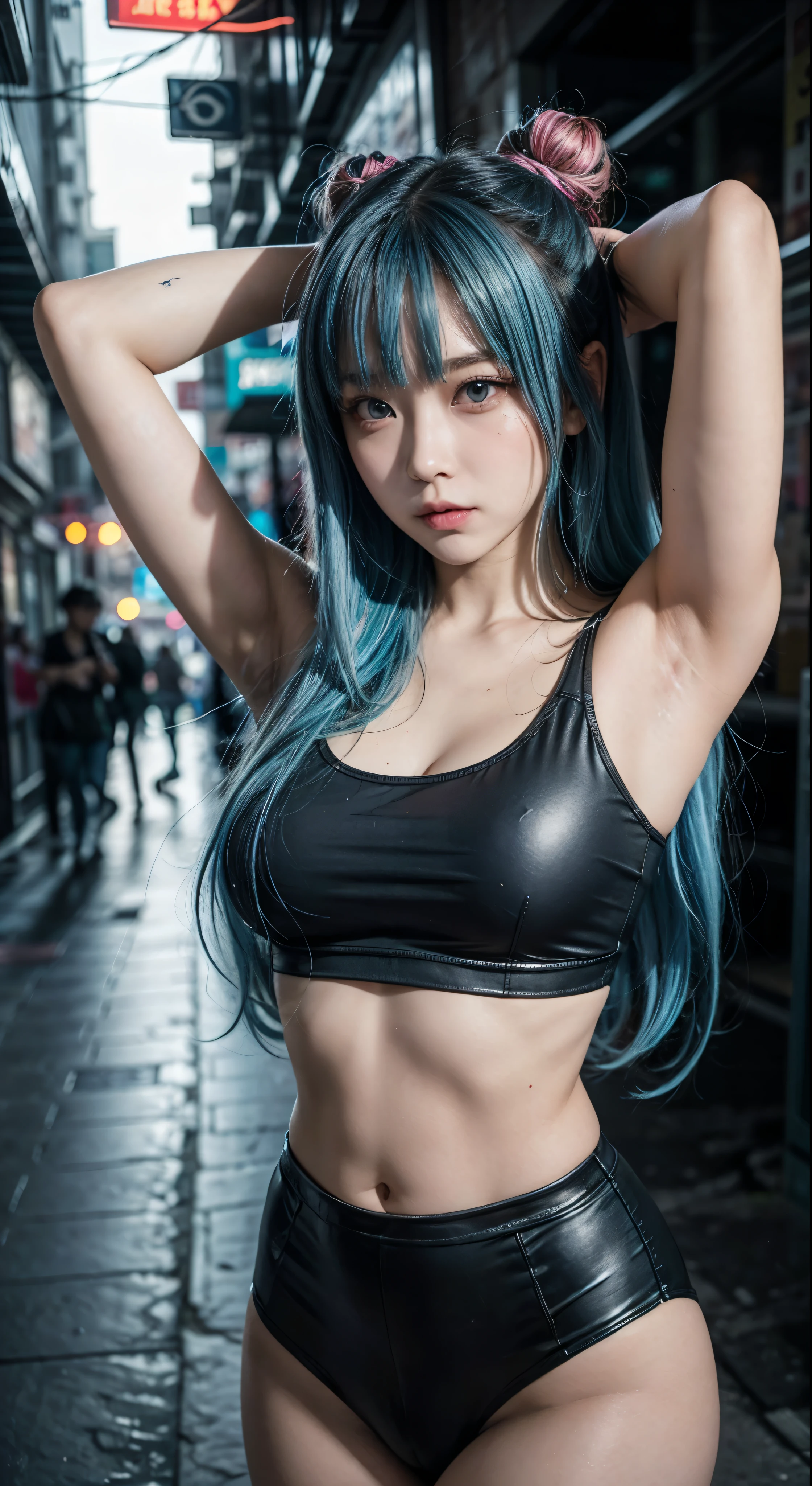 there is a woman with a blue hair and a black top, anime girl cosplay, inspired by Leng Mei, photo of slim girl model, anime girl in real life, seductive anime girl, cyberpunk 2 0 y. o model girl, chinese girl, female cyberpunk anime girl, photo of slim girl, show armpits, beautiful cyberpunk woman model, anime cosplay, cosplay photo, cosplay