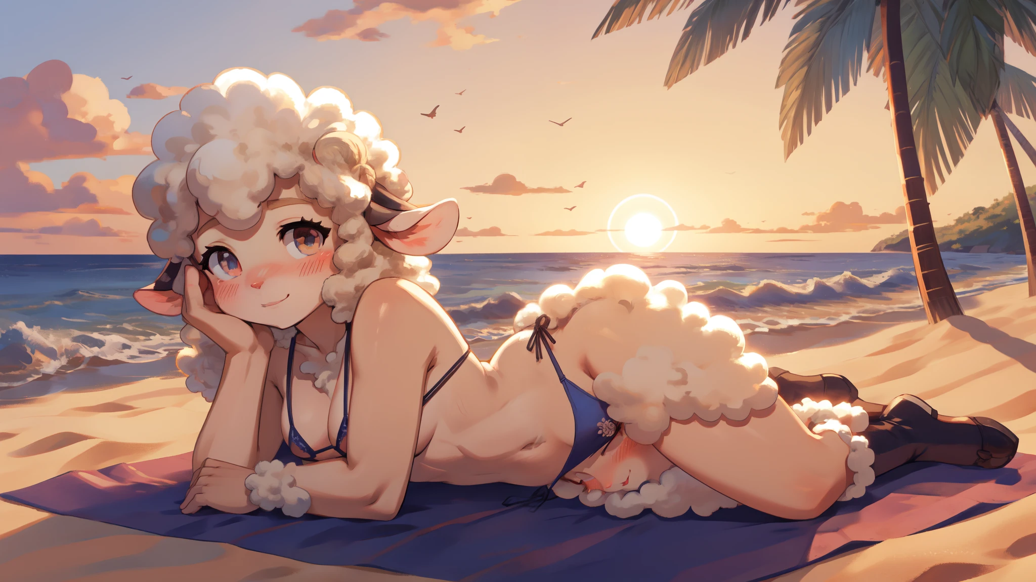 Young female, sheep, string only micro bikini, lying on the sand, beach, sunset, smiling, blush 