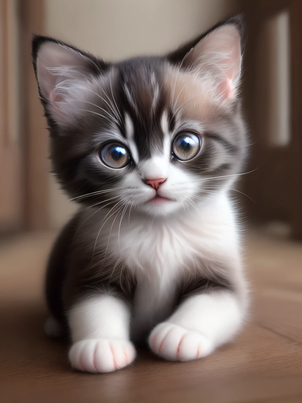 (highest quality,4K,8k,High resolution,masterpiece:1.2),Super detailed,(Realistic,Realistic,Photorealistic:1.37),indoor,Cute black and white siamese kitten,(Mostly white、Only the bridge of the nose is black)、Art Gallery、(Very small kitten)、Random Pause