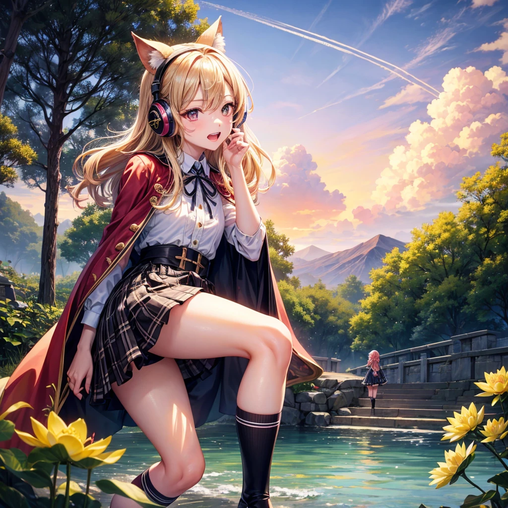 Pink gold golden hair、Golden Eyes、One good looking girl、solo、anime、Checkered mini skirt、The skirt has buttons、Red T-shirt、Cape、Gothic、Black knee-high socks、Wearing headphones、Wearing a ribbon、Ribbon on waist、Tilting face、Teeth are visible、Sunset sky、Water Mountain、Piercing the clouds、Contrail、lens、tree、Touching your face、lotus leaves、Cumulonimbus
