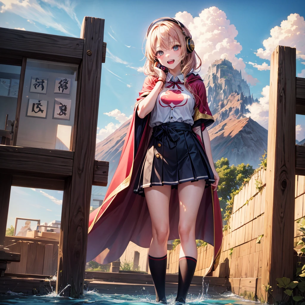Pink gold golden hair、Golden Eyes、One good looking girl、solo、anime、Checkered mini skirt、The skirt has buttons、Red T-shirt、Cape、Gothic、Black knee-high socks、Wearing headphones、Wearing a ribbon、Ribbon on waist、Tilting face、Teeth are visible、Sunset sky、Water Mountain、Piercing the clouds、Contrail、lens、tree、Touching your face、lotus leaves、Cumulonimbus