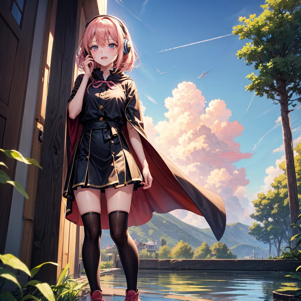 Pink gold golden hair、Golden Eyes、One good looking girl、solo、anime、Checkered mini skirt、The skirt has buttons、Red T-shirt、Cape、Gothic、Black knee-high socks、Wearing headphones、Wearing a ribbon、Ribbon on waist、Tilting face、Teeth are visible、Sunset sky、Water Mountain、Piercing the clouds、Contrail、lens、tree、Touching your face、lotus leaves、Cumulonimbus