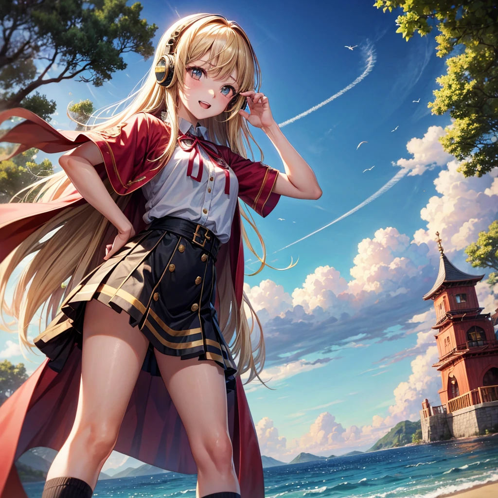 Pink gold golden hair、Golden Eyes、One good looking girl、solo、anime、Checkered mini skirt、The skirt has buttons、Red T-shirt、Cape、Gothic、Black knee-high socks、Wearing headphones、Wearing a ribbon、Ribbon on waist、Tilting face、Teeth are visible、Sunset sky、Water Mountain、Piercing the clouds、Contrail、lens、tree、Touching your face、lotus leaves、Cumulonimbus