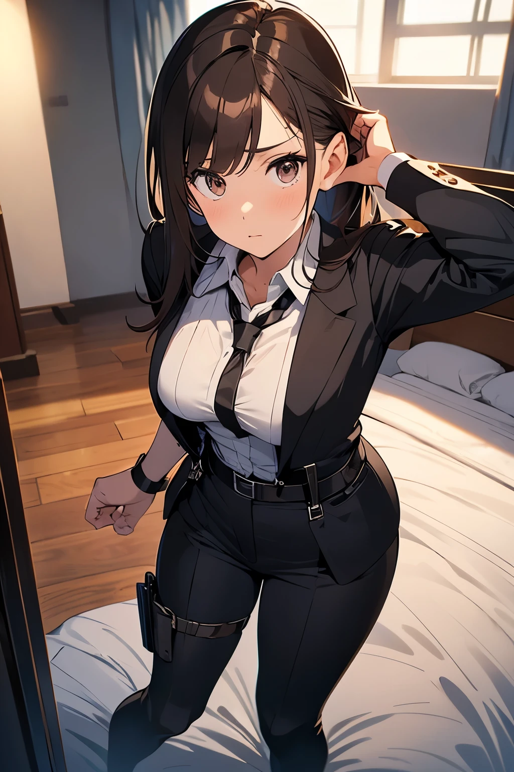 Brown Hair、Staring at the audience　　　Black suspenders　　　bulging big breasts　　 　 　　　wall: 　Black pantsuit　　　　　　sight　　　Small face　 　　　holster　　　Beautiful woman　　Show your hand　　 Lying in bed　　sight 　　Taunt　side　side汗 　arm　Dress shirt　Black Suit　belt