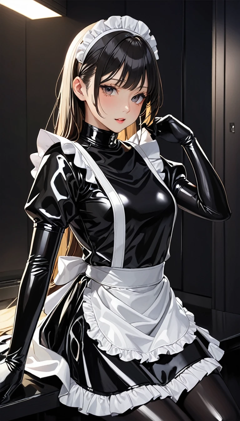 ２５Old young Japanese woman、(Beautiful Face)、(Black latex maid outfit)、Black latex long skirt、Black latex long sleeve shirt、Long gloves in black latex、black latex tights、White waist-length apron、Latex has a very strong shine、Dark Room