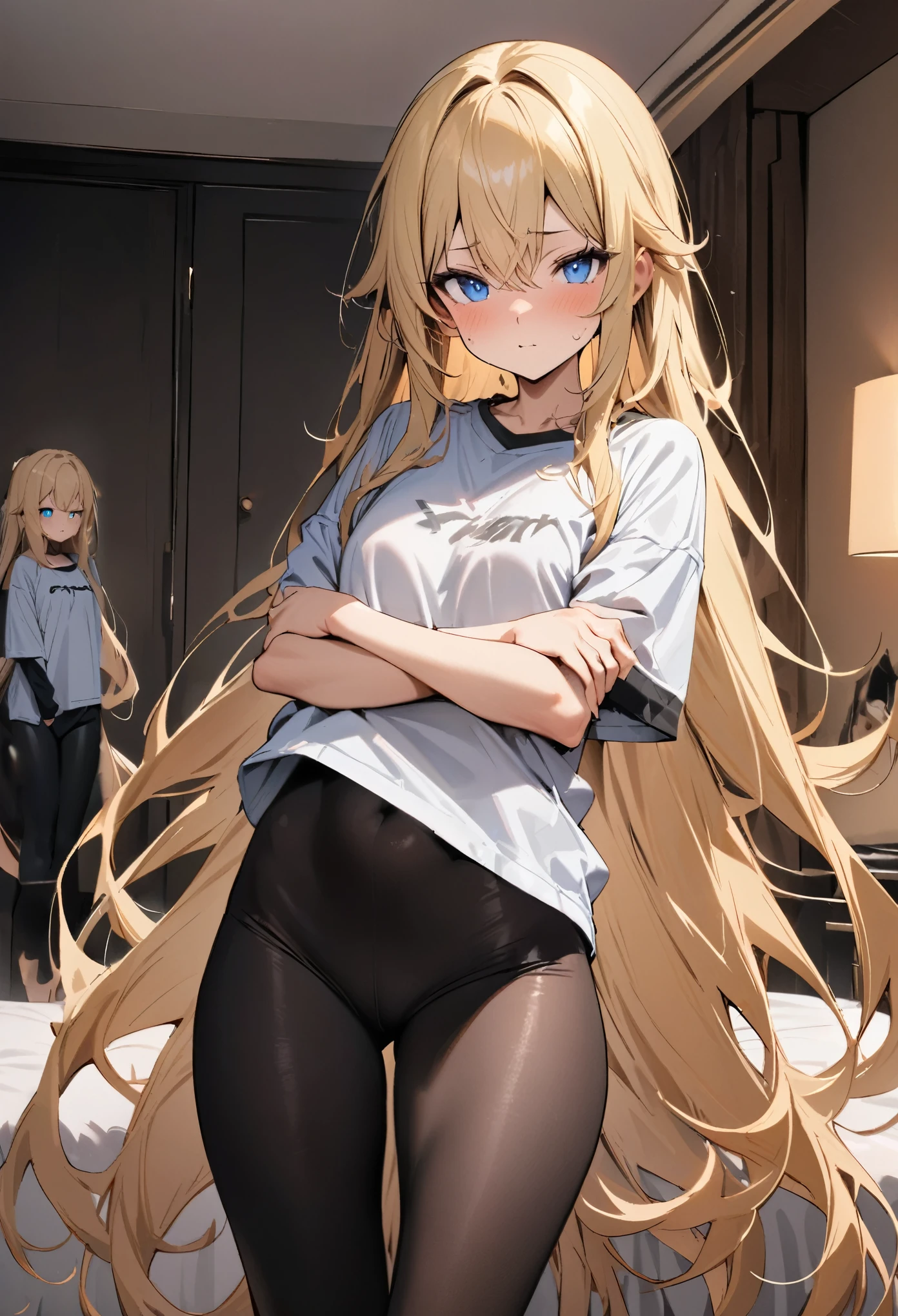 (masterpiece), best quality, expressive eyes, Perfect face, Proud, Young Girls, blue eyes, Blonde, Very long hair, Double tail, Oversized cropped top, Oversized clothes, black leggings, in spandex, Cross your legs, Cross your arms, Bedroom Background,