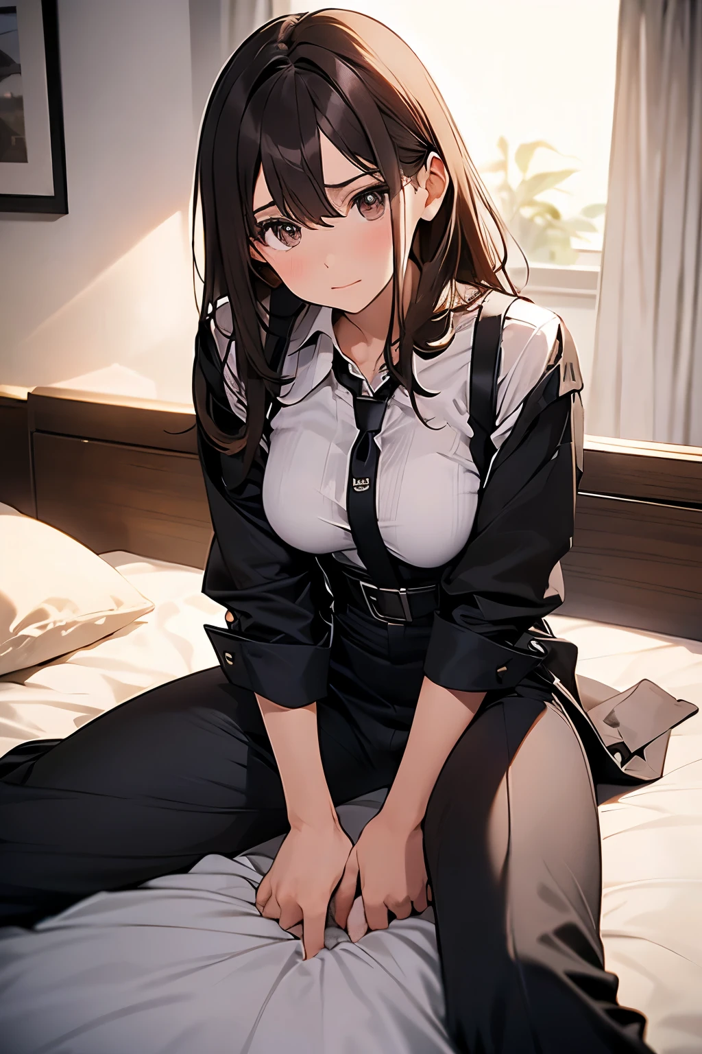Brown Hair、Staring at the audience Black suspenders bulging big breasts wall: Black pantsuit sight Small face holster Beautiful woman Show your hand Lying in bed sight Taunt side side汗 arm Dress shirt Black Suit belt