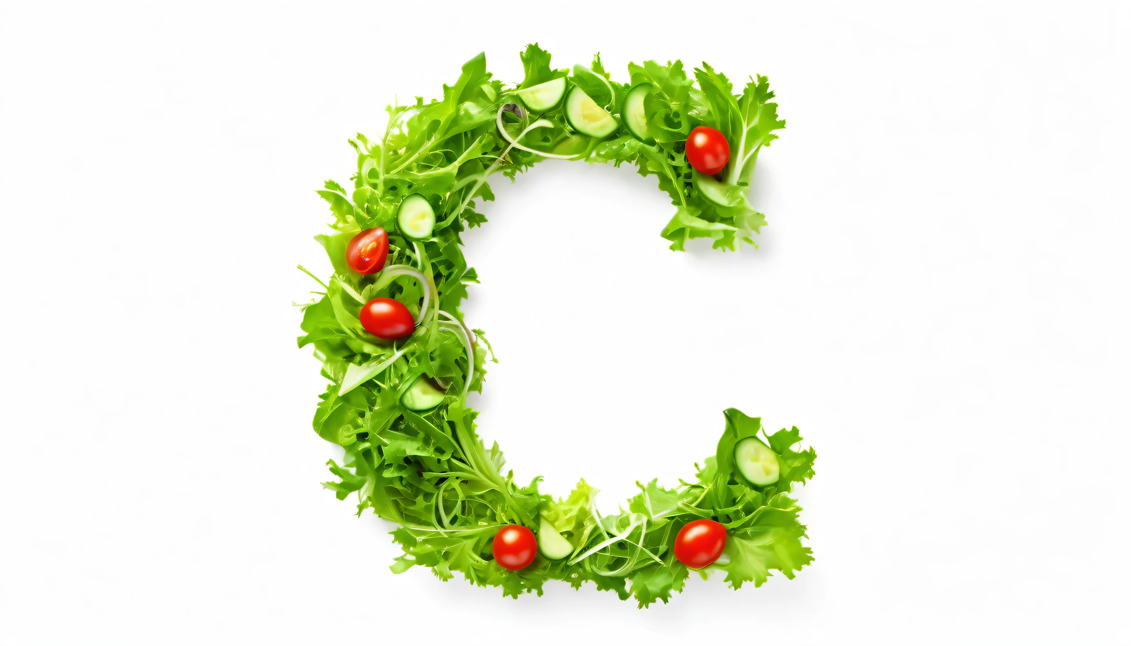 Character ' D ' made of salad, sharp outline, photography, isolated white background .