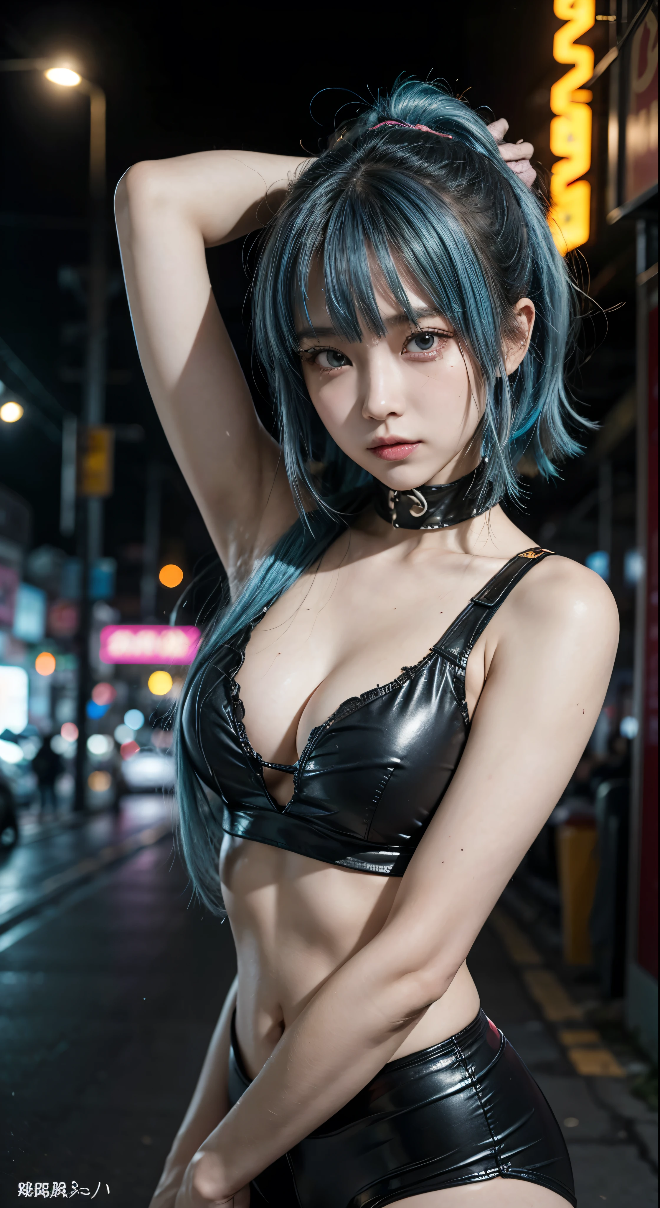 there is a woman with a blue hair and a black top, anime girl cosplay, inspired by Leng Mei, photo of slim girl model, anime girl in real life, seductive anime girl, cyberpunk 2 0 y. o model girl, chinese girl, female cyberpunk anime girl, photo of slim girl, show armpits, beautiful cyberpunk woman model, anime cosplay, cosplay photo, cosplay